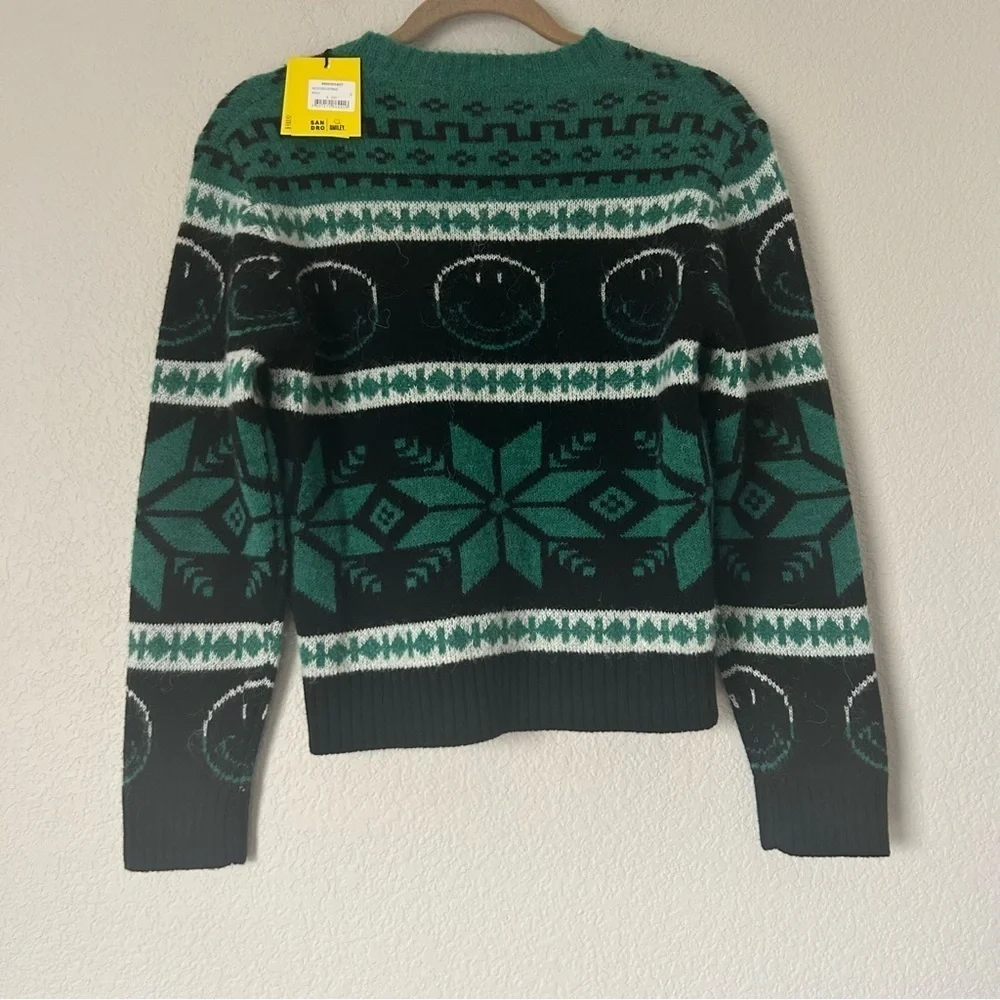 NWT Sandro Green & Black Wool Smiley Intarsia Sweater